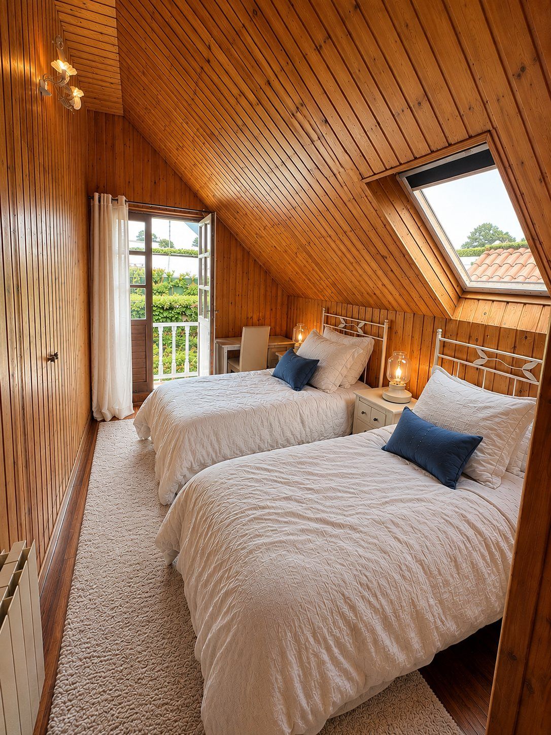 A wood-panelled twin bedroom with access to a balcony.