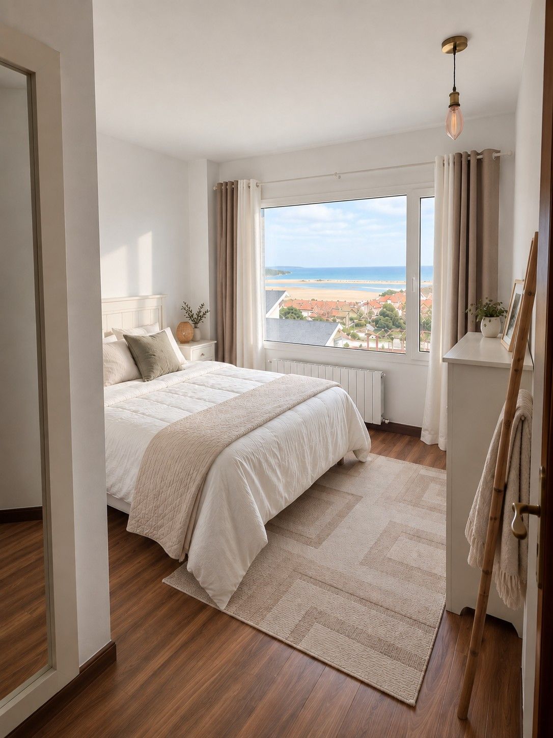 A bedroom with an ocean-view window, a white dresser and a woven towel ladder.
