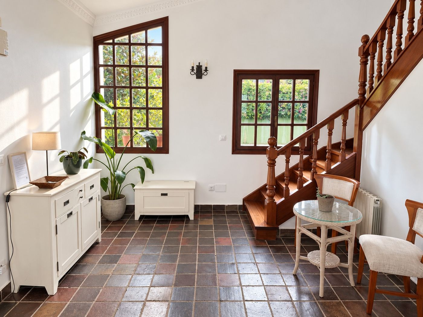 A console table and tall plant in the entry hall, beside the staircase.