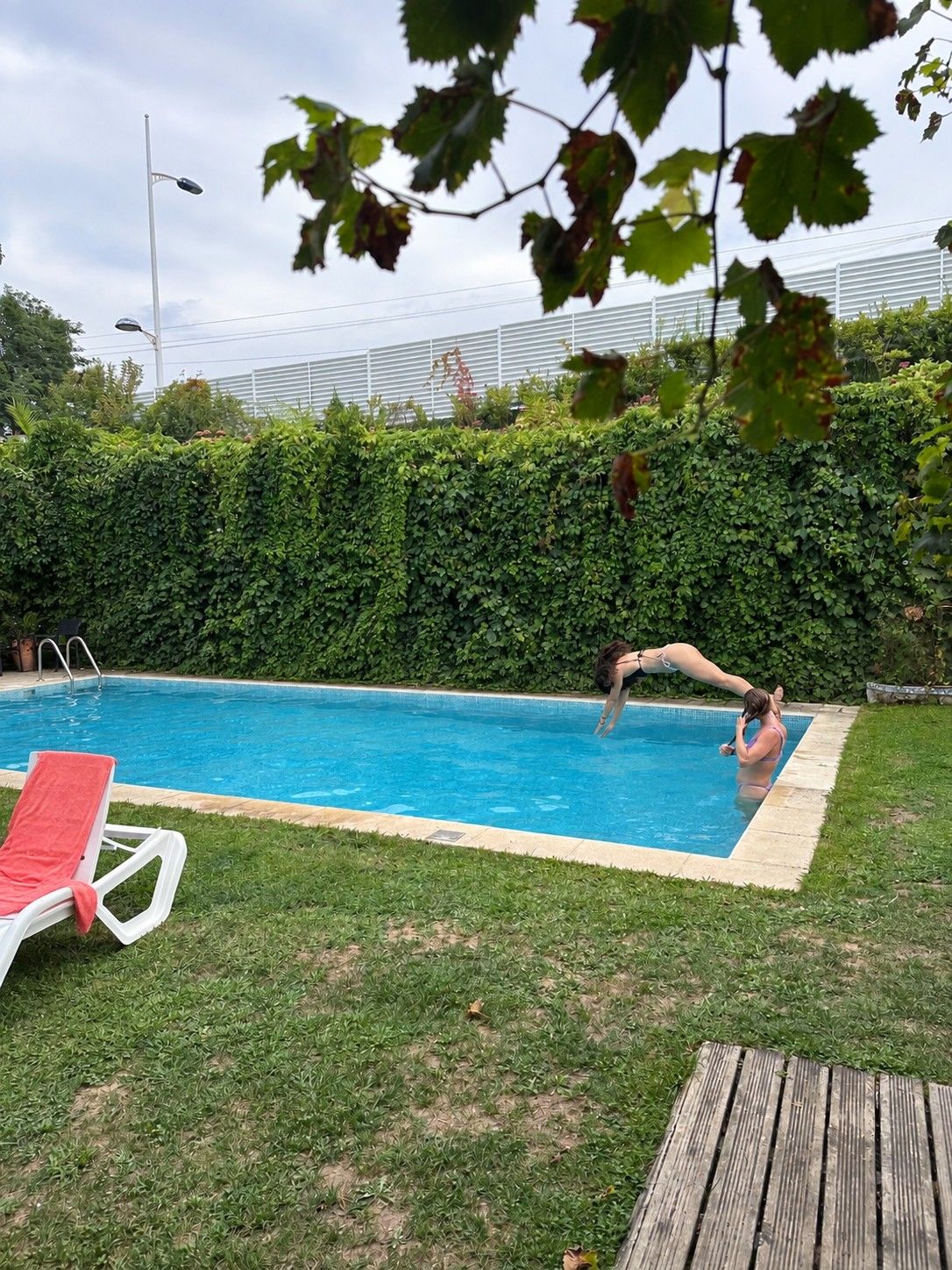 The swimming pool at Casa Azul, framed by garden and hedge.