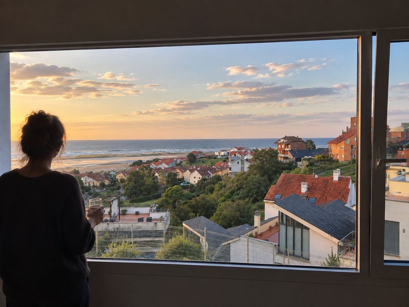 A woman looking out a large window at a golden sunset over the sea and coastal rooftops, holding a drink.